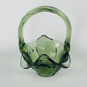 Fenton Green Glass Basket Bowl Candy Dish